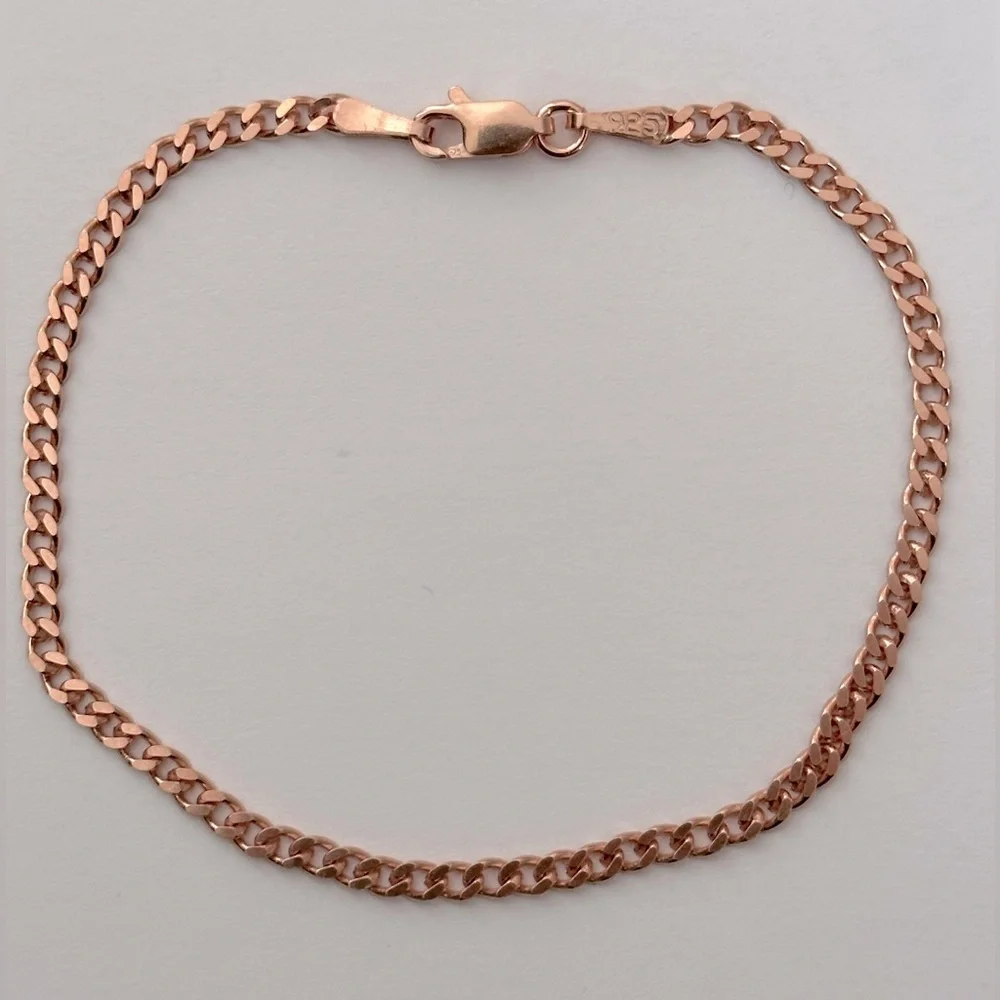 925 Silver 3mm 8” bracelet cuban chain 14k rose gold plated unisex